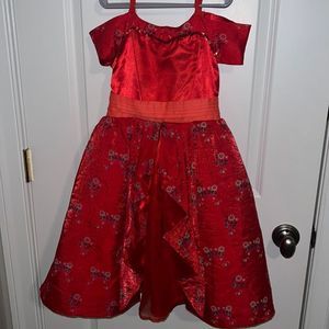 Girls Red Floral Satin Party Costume Dress
